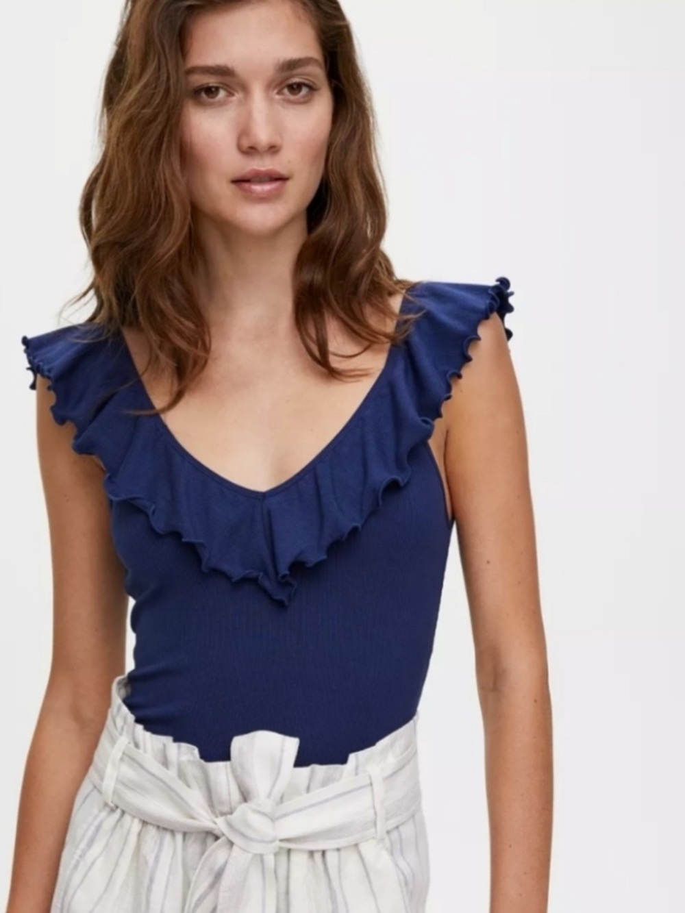 Aritzia Wilfred Danette Navy Blue V-Neck Ruffled Bodysuit